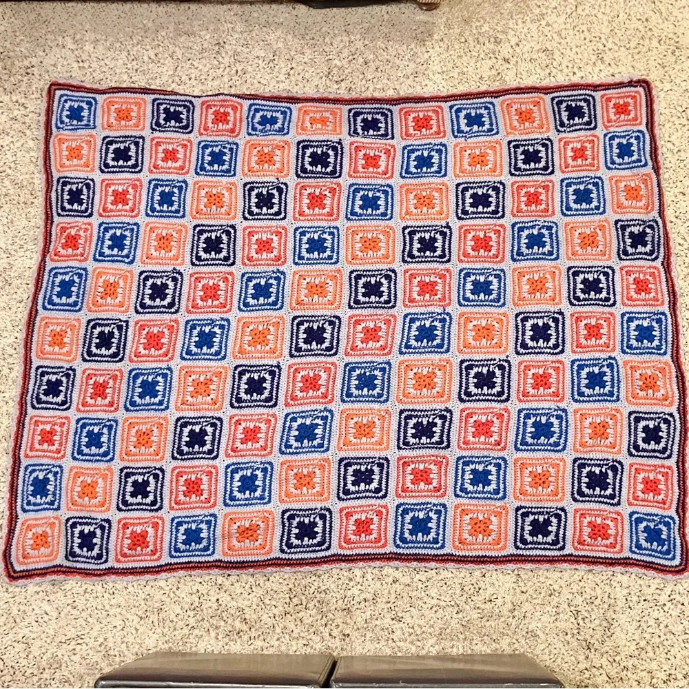 Vintage‎ Handmade Crochet Granny Square Afghan Blanket Orange Grey Blue 55x65
